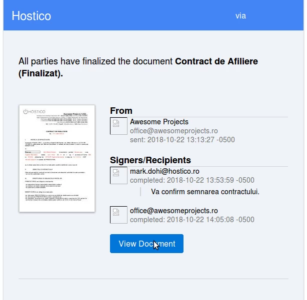 Contract finalizat client Hostico