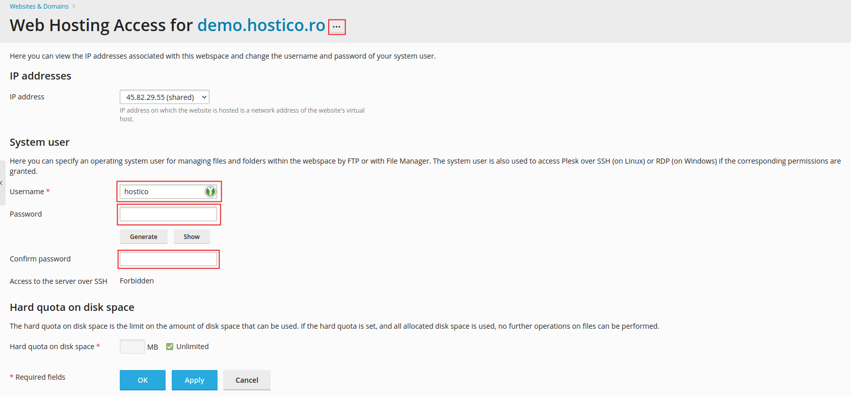 Changer le mot de passe de l'utilisateur Plesk